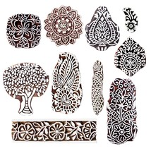 Wooden Printing Block Stamp Pottery Flower Craft Fabric Stamp Textile Set Of 10 - £38.71 GBP