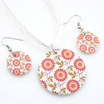 LEAVES &amp; SUNFLOWERS FLORAL WOODEN PENDANT WHITE RIBBON NECKLACE &amp; EARRIN... - $3.99