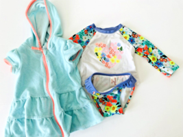 Cat &amp; Jack Swim Cover Baby Girl Aqua Terry Robe Neon Rash Guard &amp; Bottoms 12 Mos - £7.43 GBP