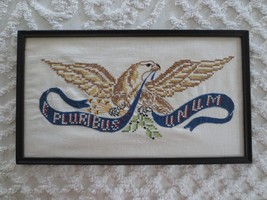 1967 Framed Pluribus Unum American Eagle Cross Stitch On Linen - 18-1/4&quot; X 11&quot; - £19.18 GBP