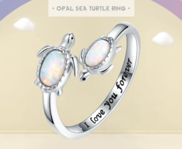 18K 925 Sterling Silver Opal/Larimar Mother &amp; Child Sea Turtle Adjustable Ring - £59.94 GBP