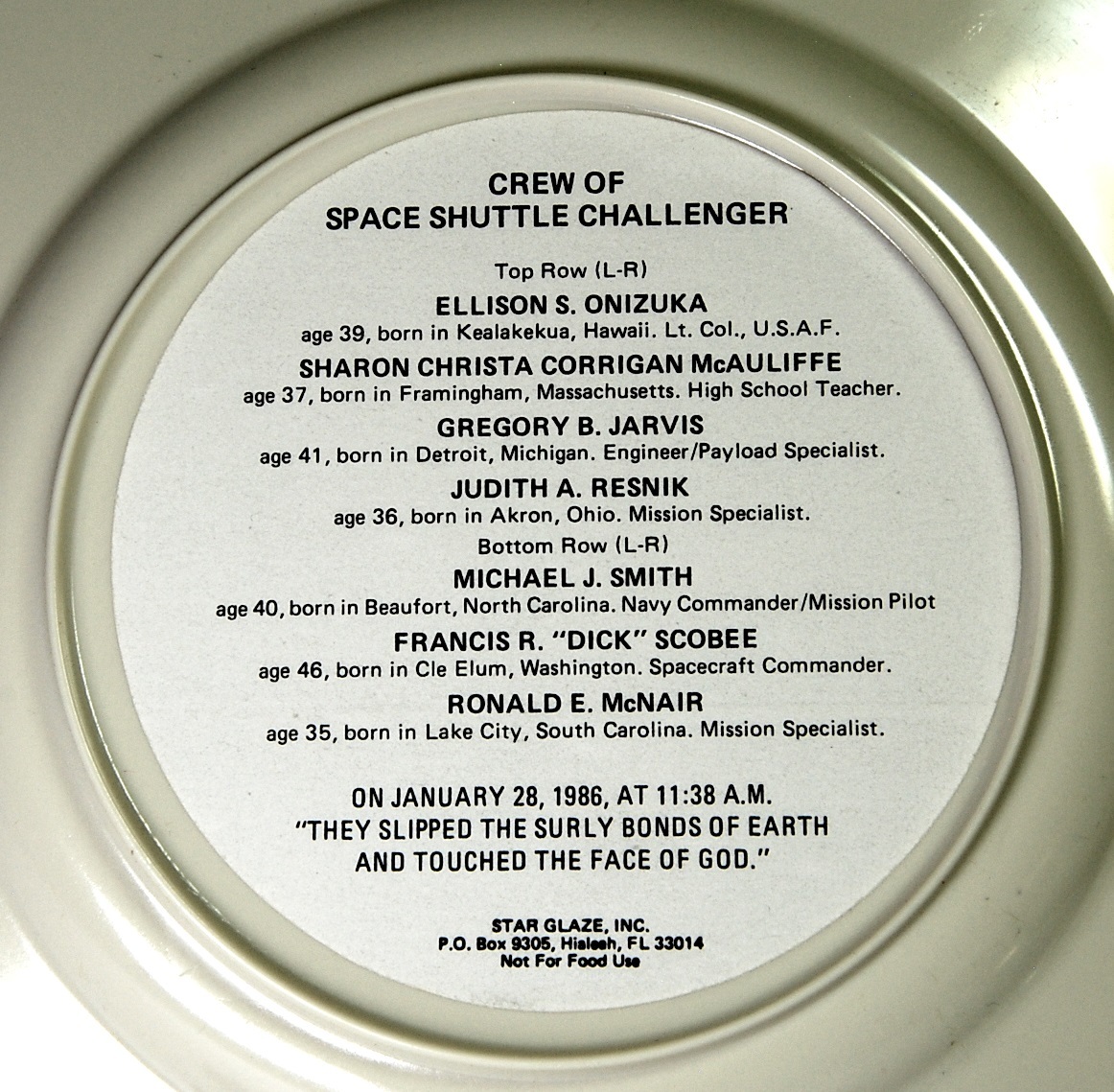 Challenger Seven Memorial Plate Space Shuttle Disaster Star Glaze US Astronauts Item image 2