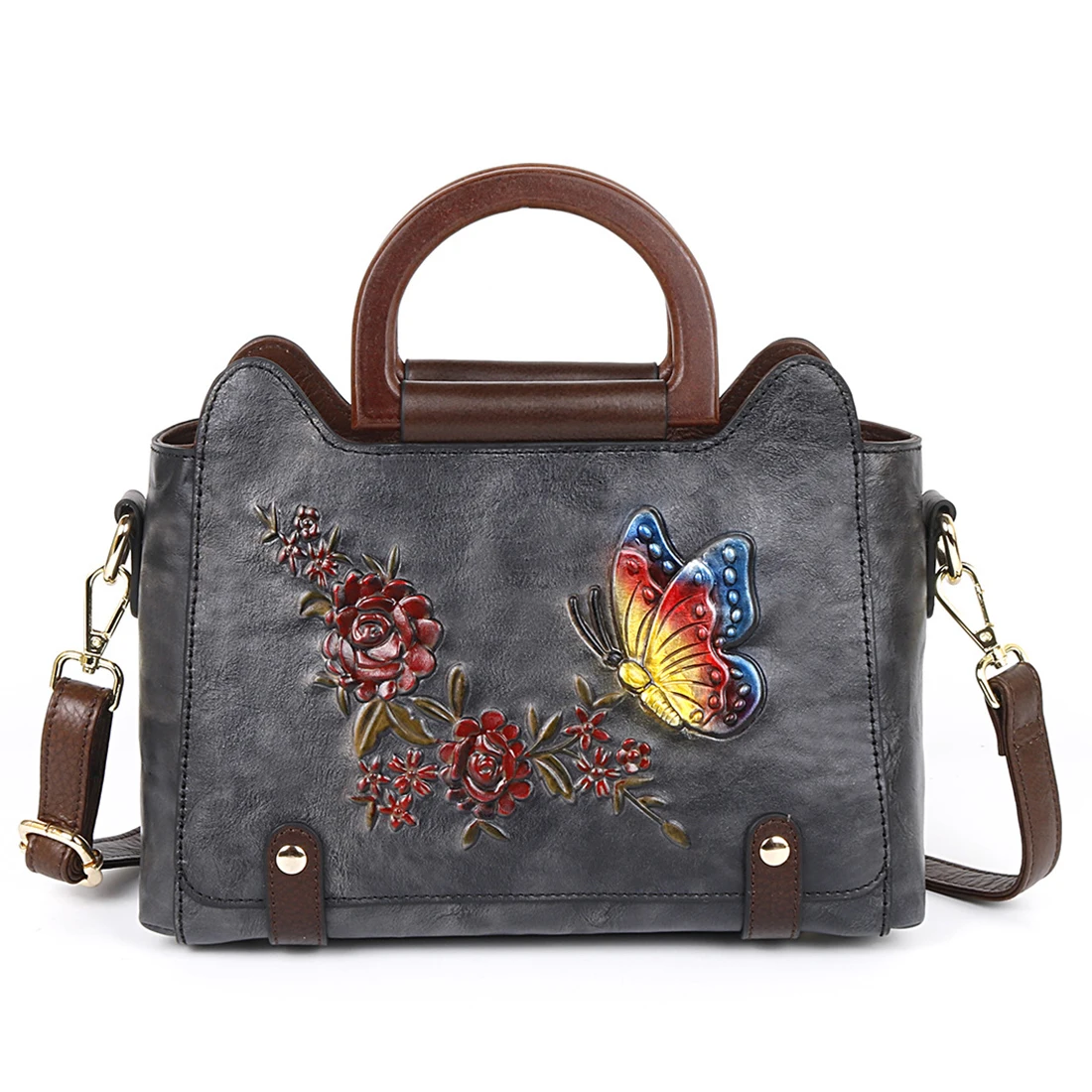  Women Shoulder Bag Retro  Leather Floral Handbag For Women Embossed Butterfly T - £55.58 GBP