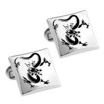 DRAGON CUFFLINKS Square Rhodium Black NEW w GIFT BAG Wedding Groom Fathe... - $11.95