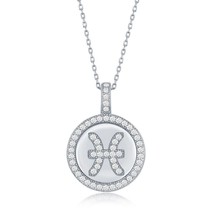 Sterling Silver Micro Pave &#39;Pisces&#39; Zodiac Disc Pendant W/ Chain - £44.28 GBP