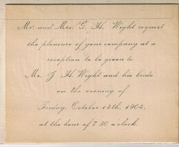 Vintage Invitation To Wedding Reception 1904   3 1/2&quot; x 3 1/2&quot; - $2.14