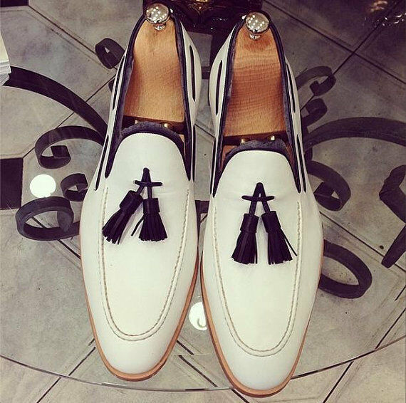 Men's White Loafer Slip On Black Tassel Spectator Genuine Leather Shoes US 7-16