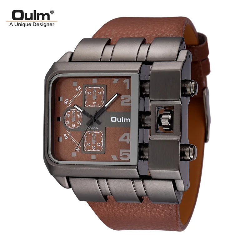 Oulm   Unique Design Square Men Wristwatch Big Dial Casual Leather Strap Watch M - £98.66 GBP
