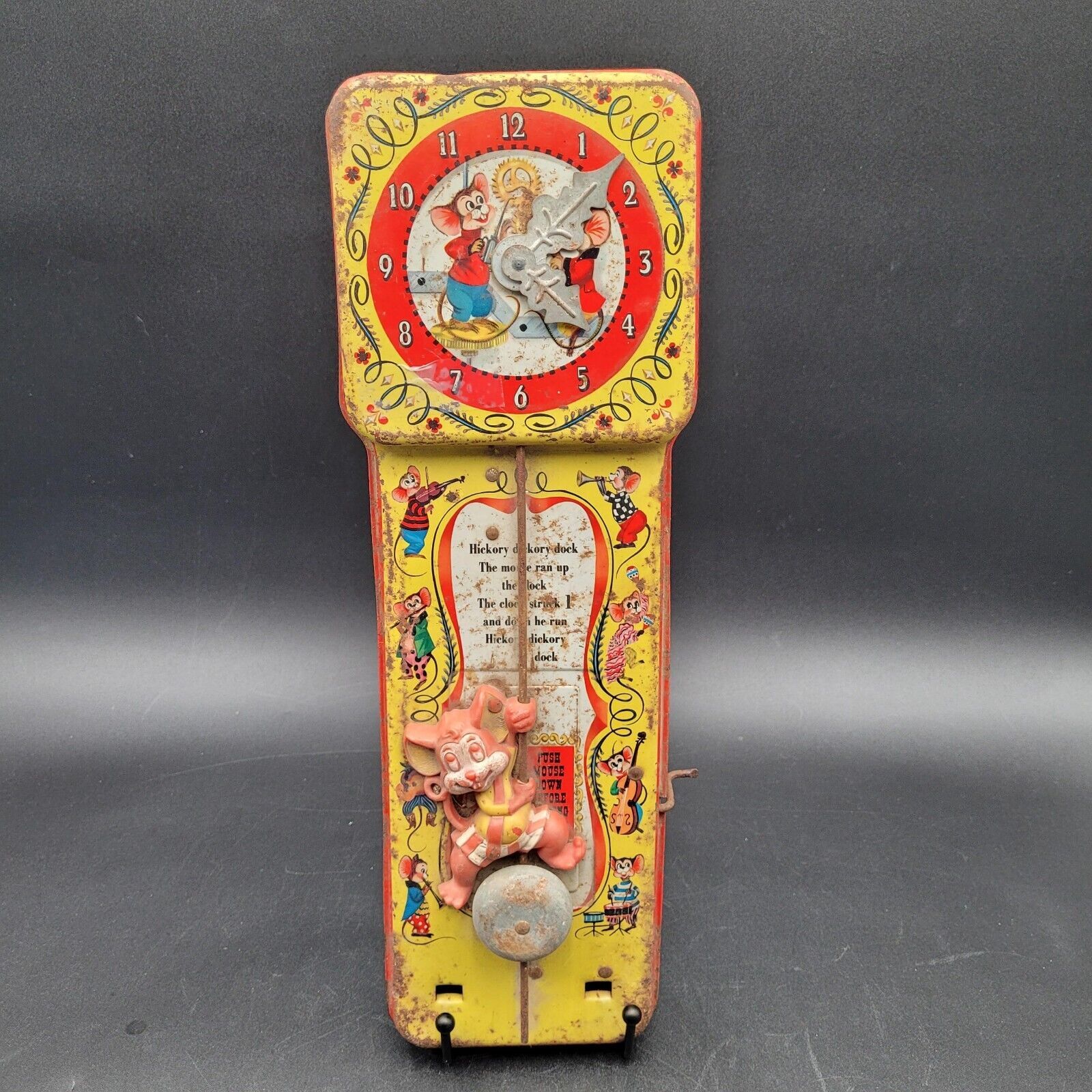 Vintage Mattel Tin Litho Wind-Up Toy ~HICKORY DICKORY DOCK~ Musical Parts Repair - £23.29 GBP