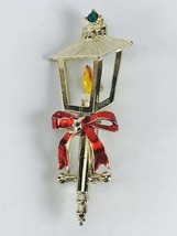 Christmas Candle Lantern Red Bow Pin Brooch Gold Tone Metal VTG Signed BJ - £7.12 GBP
