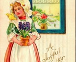 Joyful Easter Time Dutch Girl Flowers Window 1915 DB Postcard E3 - £7.74 GBP