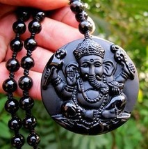  natural Obsidian stone  Elephant good luck charm beaded pendant beaded necklace - $29.69