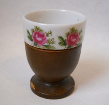 Egg Cup Pink Rose Flowers Green Leaves White Ceramic Pottery Brown Wood Vintage - £11.96 GBP