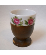 Egg Cup Pink Rose Flowers Green Leaves White Ceramic Pottery Brown Wood ... - £11.99 GBP