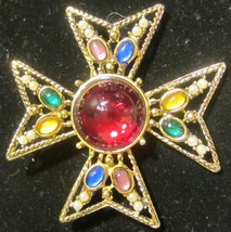 Vintage Signed P.E.P  Maltese Cross brooch jeweled - £63.16 GBP