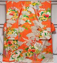 Shiny Orange Silk Furisode - Traditional Japanese Women&#39;s Kimono with Lo... - £86.12 GBP