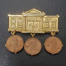 Vintage JJ Jonette Bank Brooch Copper Penny Gold Tone 3 Dangling Pennies - £15.75 GBP