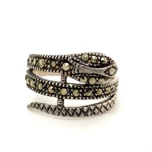 Vintage Sterling Signed 925 Art Deco Marcasite Serpent Snake Ring Band sz 6 3/4 - £38.21 GBP