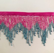 3&quot; Hot PINK/TEAL Glass Bugle Bead Chevron Ombre Beaded Fringe Trim Variegated - £11.05 GBP