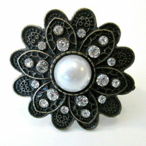 Adjustable Lotus Flower Statement Ring Rhinestones &amp; Faux Pearl  - £7.19 GBP