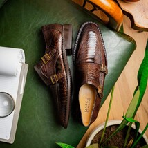 Genuine Ostrich Leg Double Monk Strap Shoes Napoli Brown image 8