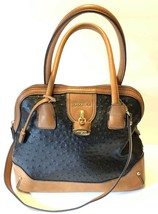 London Fog Large Handbag Tote Faux Ostrich Leather Black/Brown EUC - £25.31 GBP