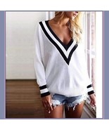  Loose Long Sleeved Knitted Pullover Stripe Edge Deep V Neckline White ... - £43.92 GBP