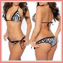 Classic Black and White Zebra Stripe Halter Bra and Bottoms Tie Bikini Swimsuit