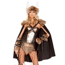 Viking Costume Faux Fur Cape Harness Holster Corset Top Skirt Horns Set ... - £107.45 GBP