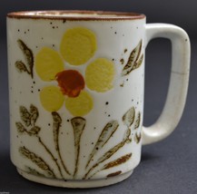 Vintage Hand Painted Floral Pattern Coffee Mug Pottery 3.5&quot; Tall Yellow Flower - £7.28 GBP