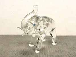 Clear Vintage Art Glass Elephant Figurine/Paperweight, Trunk Up, Blue Eyes - $19.55