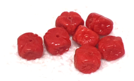 7 Vintage Art Glass Beads Red Flat Cut Square Flower Faces 3/8 x 1/4 - $8.42