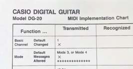 Midi Implementation Chart Sheet for Casio DG-20 Guitar Synthesizer, Reproduction - £7.77 GBP