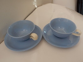 Two Vintage Homer Laughlin Skytone sky blue cups and saucers wide mouth rare - $17.81