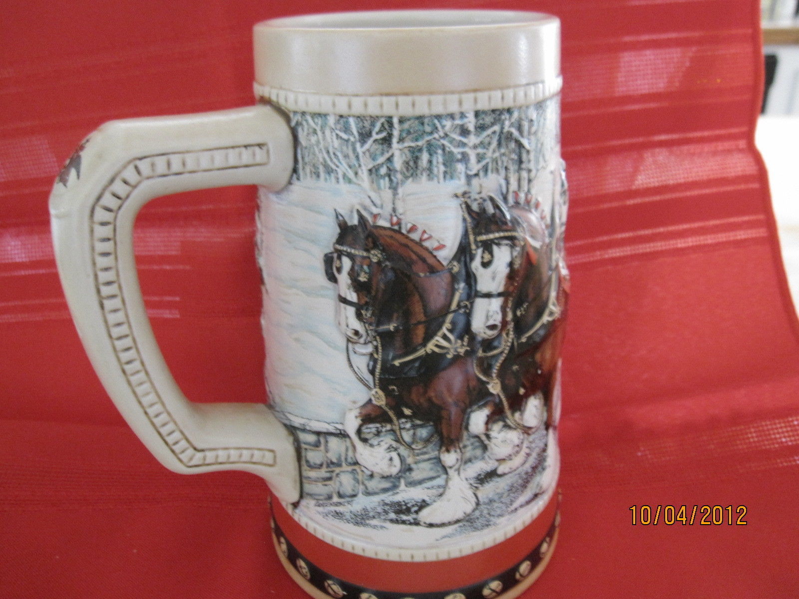 Primary image for  Vintage 2 Budweiser Clydesdales holiday ceramic stein 1988
