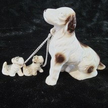 Spaniel Mama Dog w 2 Puppies on Chain White Dark Brown Gray Vintage Japan - £12.57 GBP