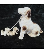 Spaniel Mama Dog w 2 Puppies on Chain White Dark Brown Gray Vintage Japan - £10.68 GBP