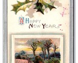 Happy New Year Holly and Berries Winter Landscape Embossed DB Postcard H29 - £2.30 GBP