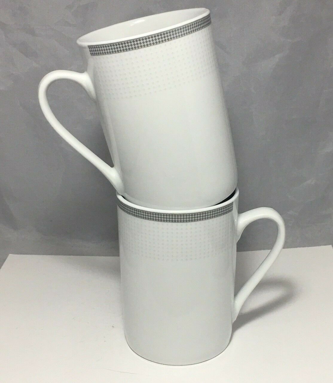 Bella Lux 2 porcelain mugs White with  polka-dost and silver checkers trim - $6.99