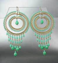 STUNNING Turquoise Crystal Beads Gold Chandelier Dangle Peruvian Earrings 88T - £17.48 GBP