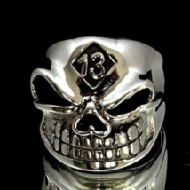 Sterling silver Biker ring number 13 symbol on Grinning Bully Skull high polishe - £67.94 GBP