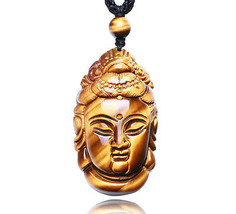 good luck tiger eye stone Hand carved chinese guanyin buddha head charm pendant - £18.77 GBP