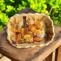 Vintage Pomerantz Parquet Bamboo Woven Bowl- Graphics Wine Cheese Fruit Country  - $26.18