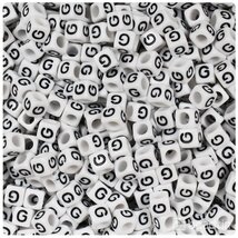 BeadTin White Opaque 6mm Cube Plastic Alphabet Beads- Black Letter G (80... - $2.09
