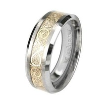 Irish Celtic Dragon Gold Inlay Tungsten Carbide Comfort Fit Flat Ring Band 8mm - £22.89 GBP