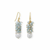 14K Yellow Gold Plated Aquamarine &amp; Cultured Freshwater Pearl Drop Earrings 1.8&quot; - £137.68 GBP