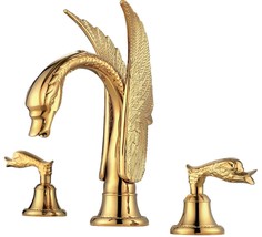 Gold PVD swan sink faucet 3 Holes 8&quot; widespread lavatory basin mixer tap... - £273.25 GBP