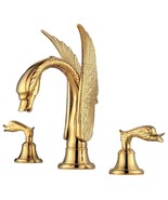 Gold PVD swan sink faucet 3 Holes 8&quot; widespread lavatory basin mixer tap... - £272.13 GBP