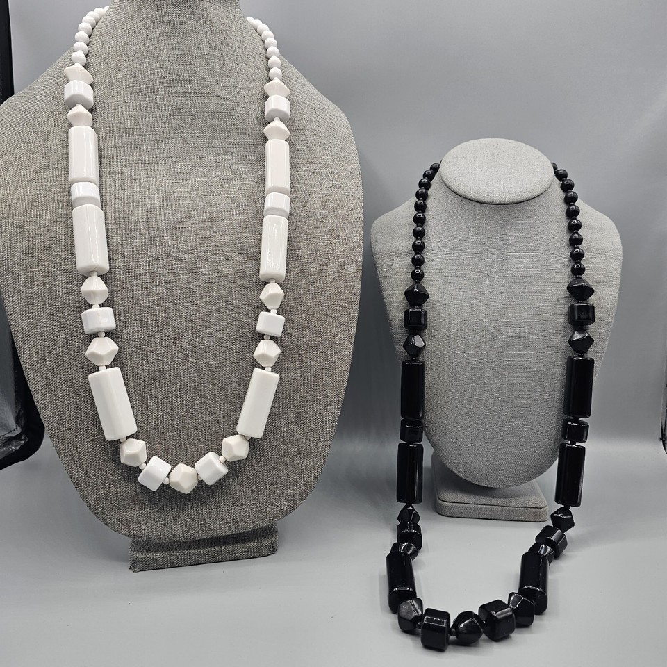 Vintage Beaded Necklace Set (2) White Black Bead Matching Costume 37&quot; - $19.99
