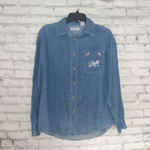 Cherokee Womens Medium Blue Long Sleeve Floral Embroidered Button Up Denim Top - £16.54 GBP